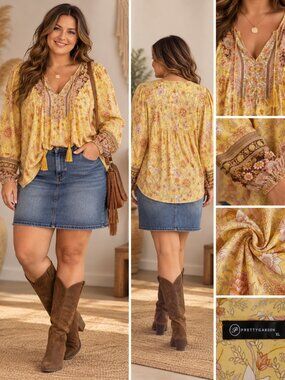 Prettygarden Yellow Floral Boho Peasant Blouse XL V Neck Tassel Tie Top